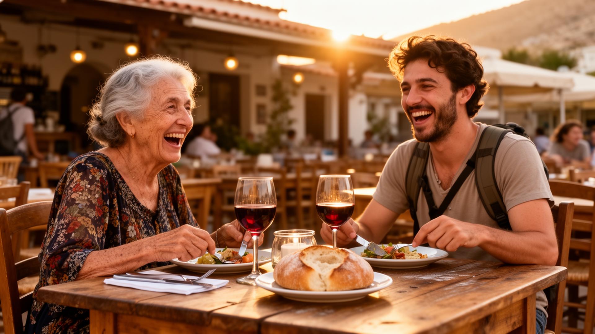 An older local woman and a traveler sharing lunch at an outdoor taverna at golden hour