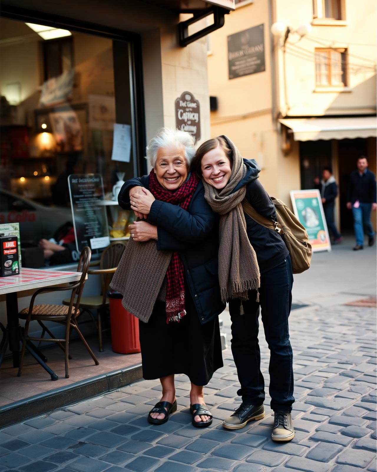 A local and traveler hugging goodbye outside a small neighborhood restaurant