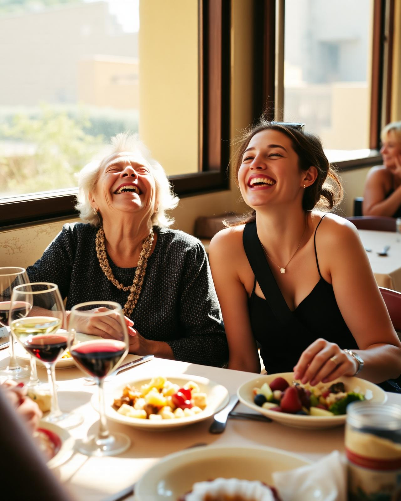A local and a traveler laughing together over lunch