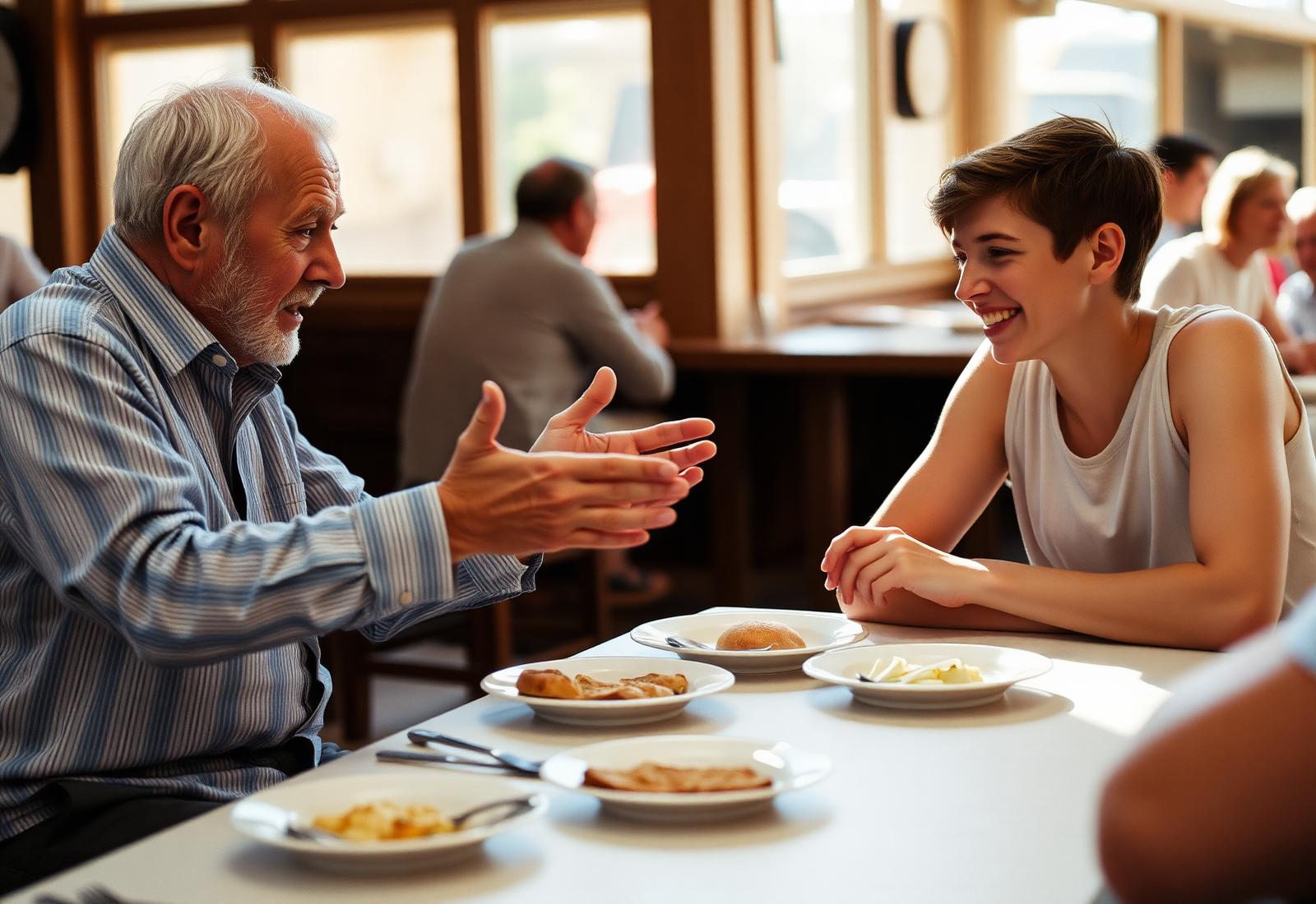 An elderly local telling a story with his hands as a traveler listens